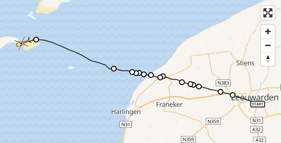 Routekaart van de vlucht: Ambulanceheli naar Vlieland, Julianalaan