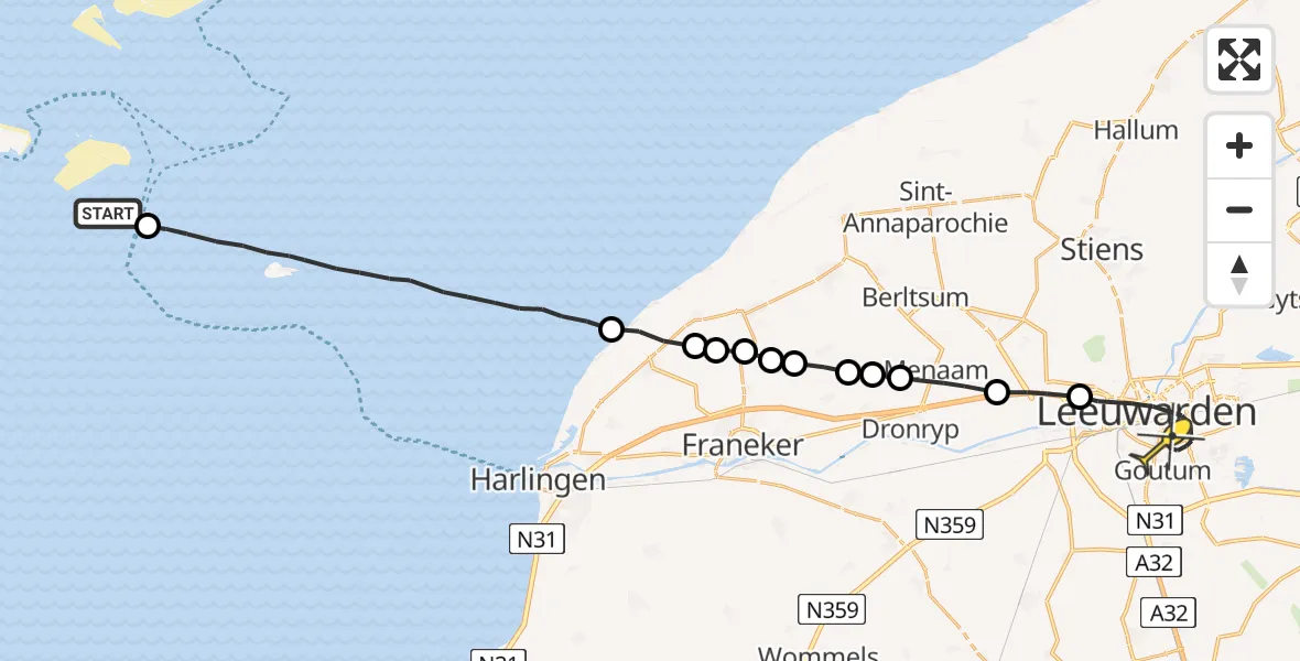 Routekaart van de vlucht: Ambulanceheli naar Leeuwarden, Vliestroom