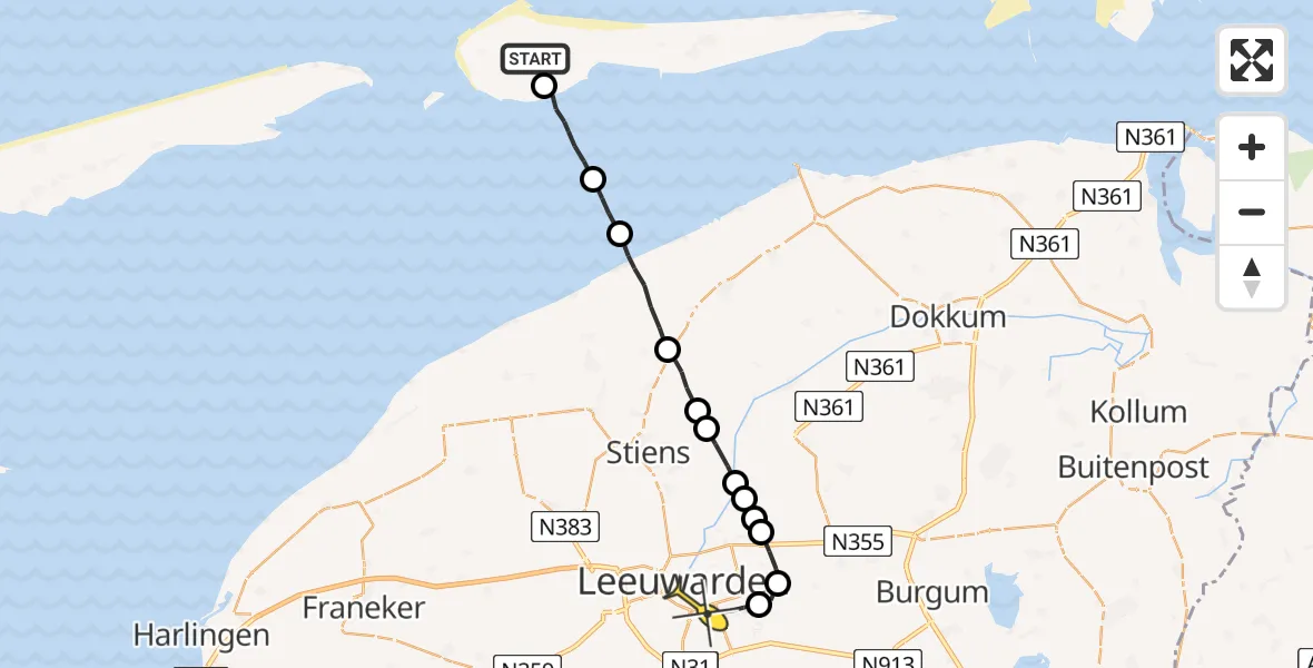 Routekaart van de vlucht: Ambulancehelikopter naar Leeuwarden, Skuteweg