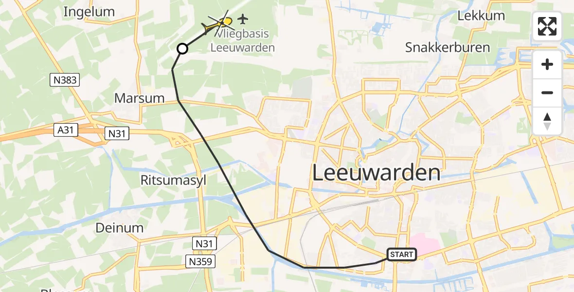 Vluchtroute Ambulancehelikopter van Leeuwarden naar Vliegbasis Leeuwarden