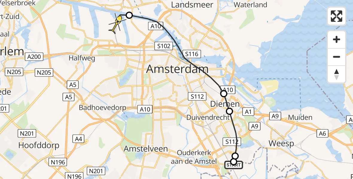 Routekaart van de vlucht: Lifeliner 1 naar Amsterdam Heliport, Lipariweg