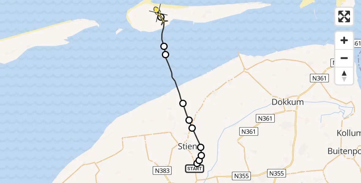 Routekaart van de vlucht: Ambulanceheli naar Ameland Airport Ballum, Trijehoeksdyk