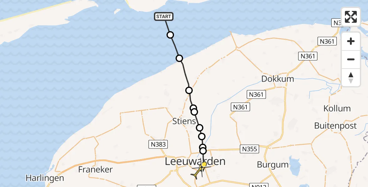 Routekaart van de vlucht: Ambulanceheli naar Leeuwarden, Aldlânsdyk