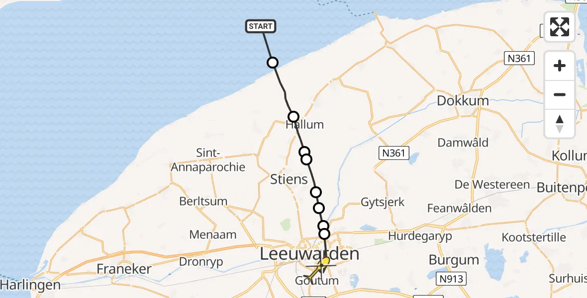 Routekaart van de vlucht: Ambulancehelikopter naar Leeuwarden, Aldlânsdyk