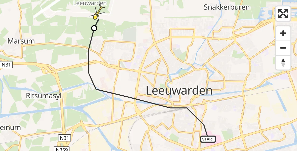 Routekaart van de vlucht: Ambulancehelikopter naar Vliegbasis Leeuwarden, Hollanderdijk
