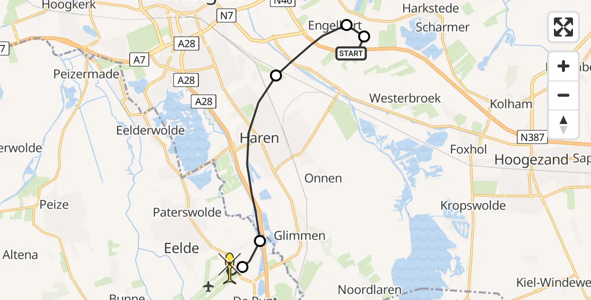 Routekaart van de vlucht: Lifeliner 4 naar Groningen Airport Eelde, Woldjerspoorweg