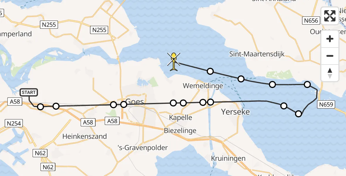 Routekaart van de vlucht: Kustwachthelikopter naar Wemeldinge, Noord Kraaijertsedijk