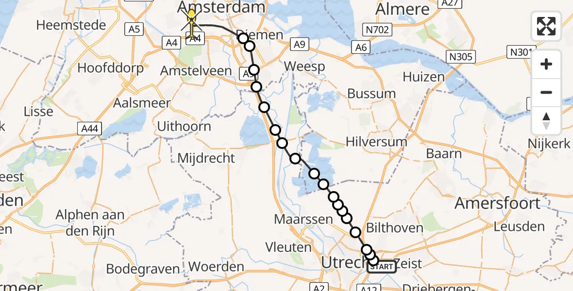 Routekaart van de vlucht: Lifeliner 1 naar Amsterdam, Budapestlaan