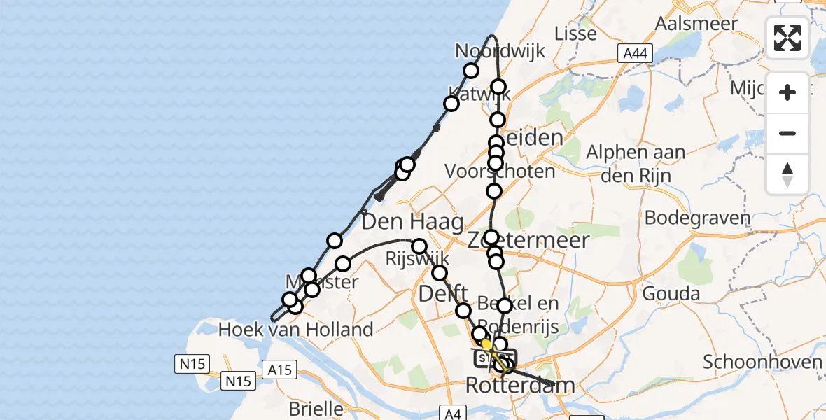 Routekaart van de vlucht: Politieheli naar Rotterdam The Hague Airport, Schieveense polder