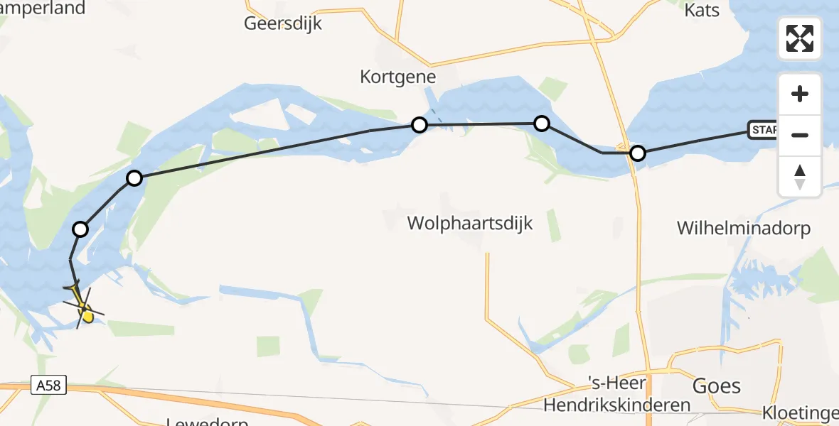 Routekaart van de vlucht: Kustwachthelikopter naar Vliegveld Midden-Zeeland, Oosterscheldedijk