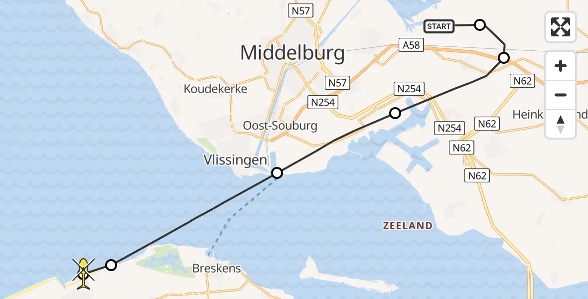 Routekaart van de vlucht: Kustwachthelikopter naar Nieuwvliet, Meerkoetweg