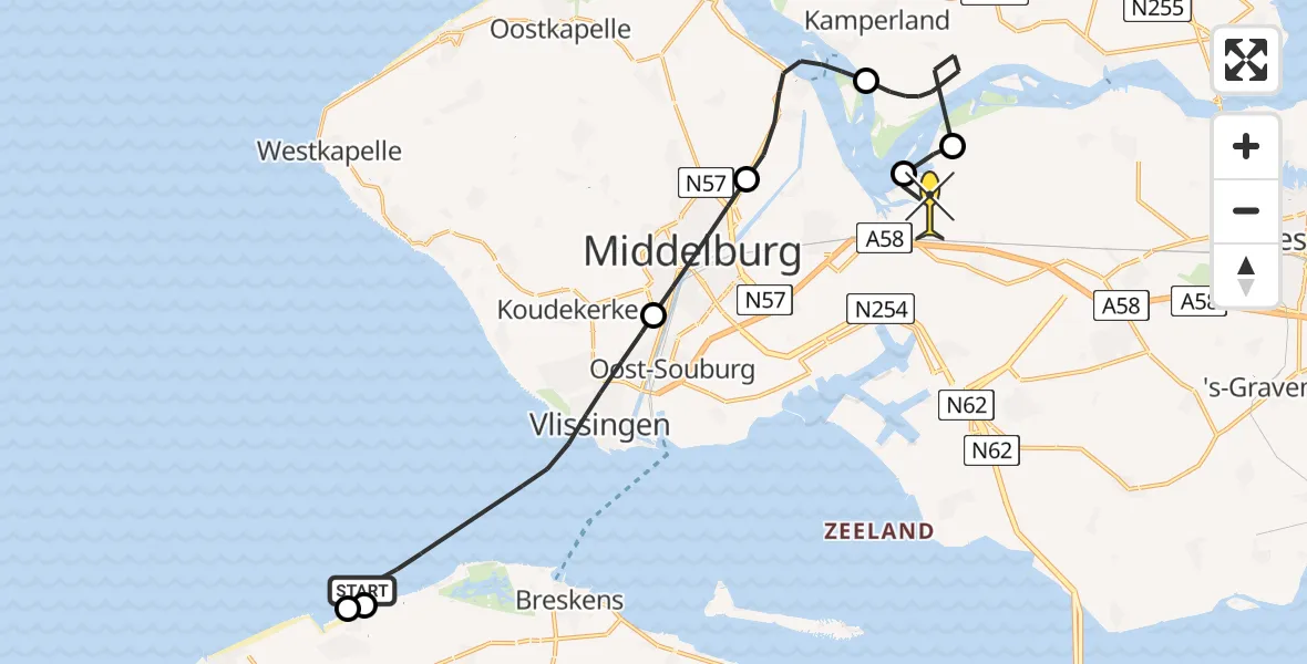 Routekaart van de vlucht: Kustwachthelikopter naar Vliegveld Midden-Zeeland, Zeedijk