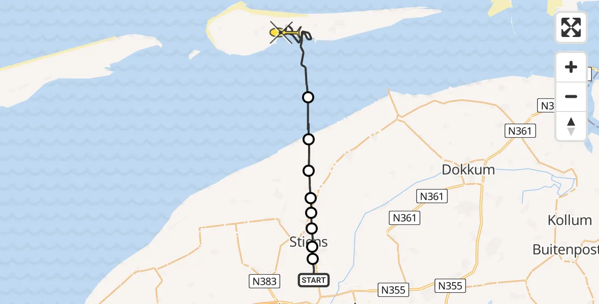 Routekaart van de vlucht: Ambulanceheli naar Nes, Brédyk