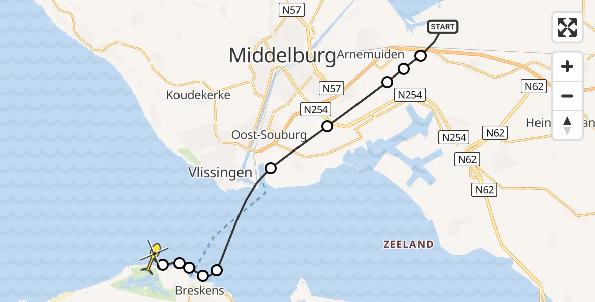 Routekaart van de vlucht: Kustwachthelikopter naar Vlissingen, Quarlespolderweg