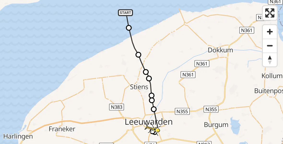 Routekaart van de vlucht: Ambulanceheli naar Leeuwarden, Aldlânsdyk