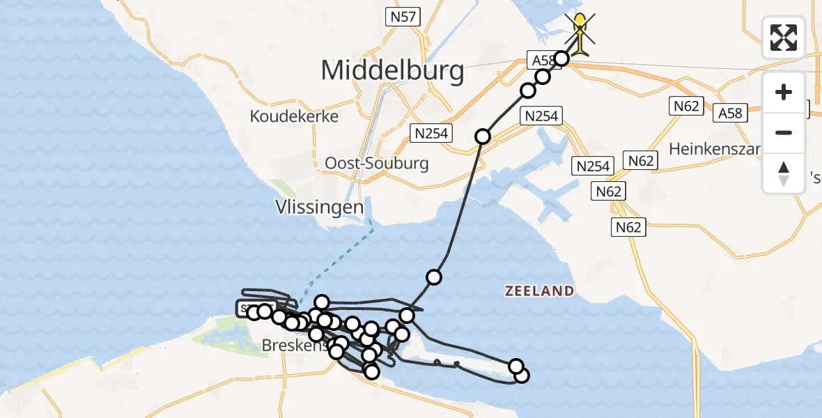 Routekaart van de vlucht: Kustwachthelikopter naar Vliegveld Midden-Zeeland, Port Scaldis