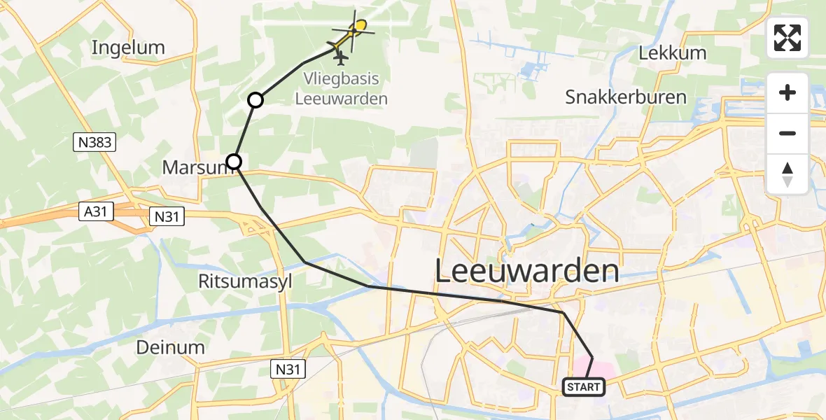 Vluchtroute Ambulancehelikopter van Leeuwarden naar Vliegbasis Leeuwarden