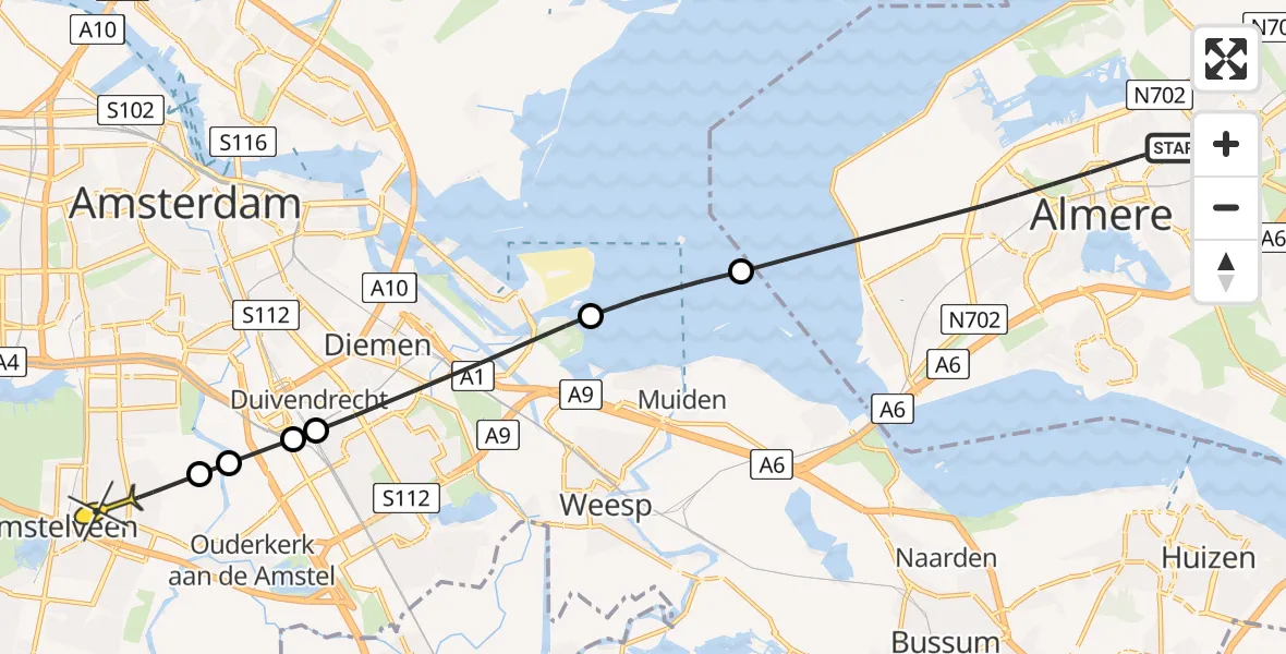 Routekaart van de vlucht: Politieheli naar Amstelveen, A. Vondelingstraat