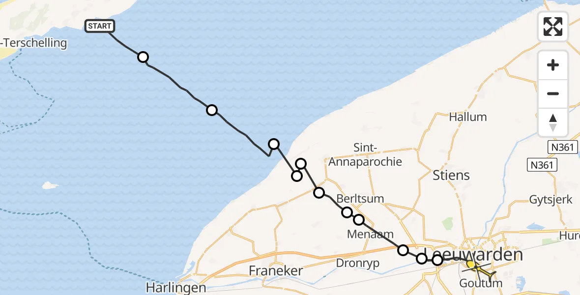Routekaart van de vlucht: Ambulanceheli naar Leeuwarden, Borniastraat