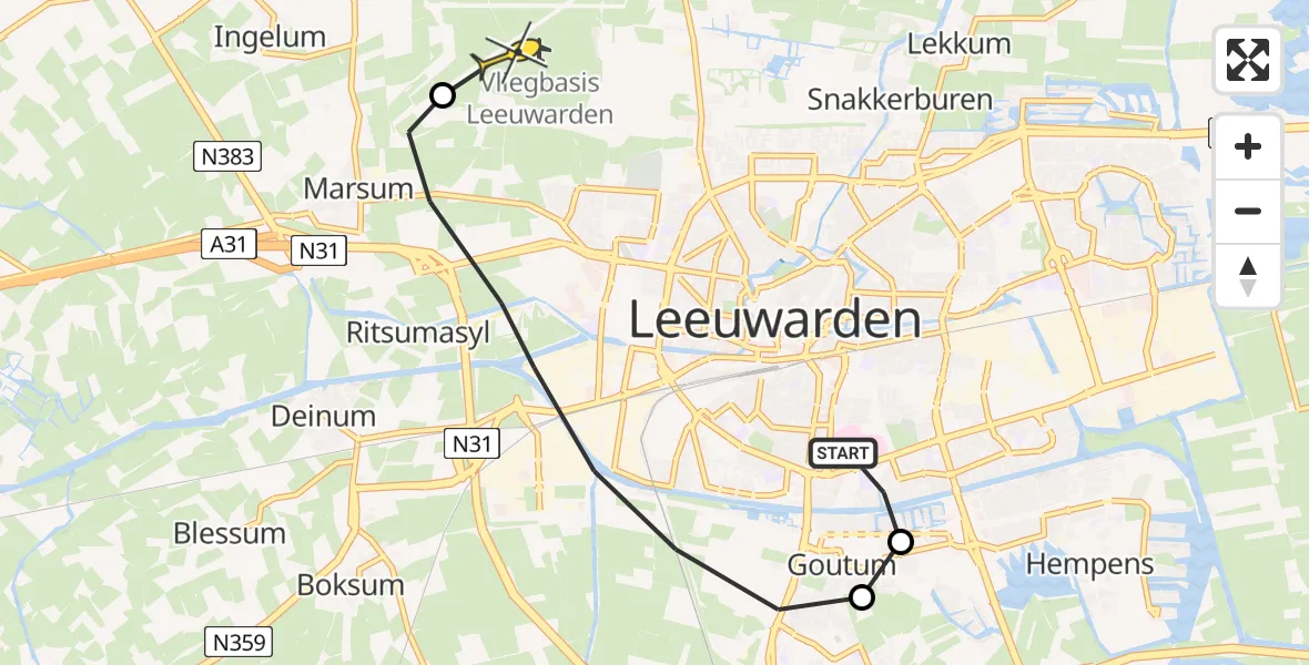 Routekaart van de vlucht: Ambulanceheli naar Vliegbasis Leeuwarden, Oer de feart