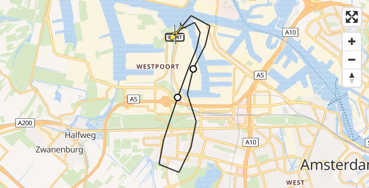 Routekaart van de vlucht: Lifeliner 1 naar Amsterdam Heliport, Westhavenweg