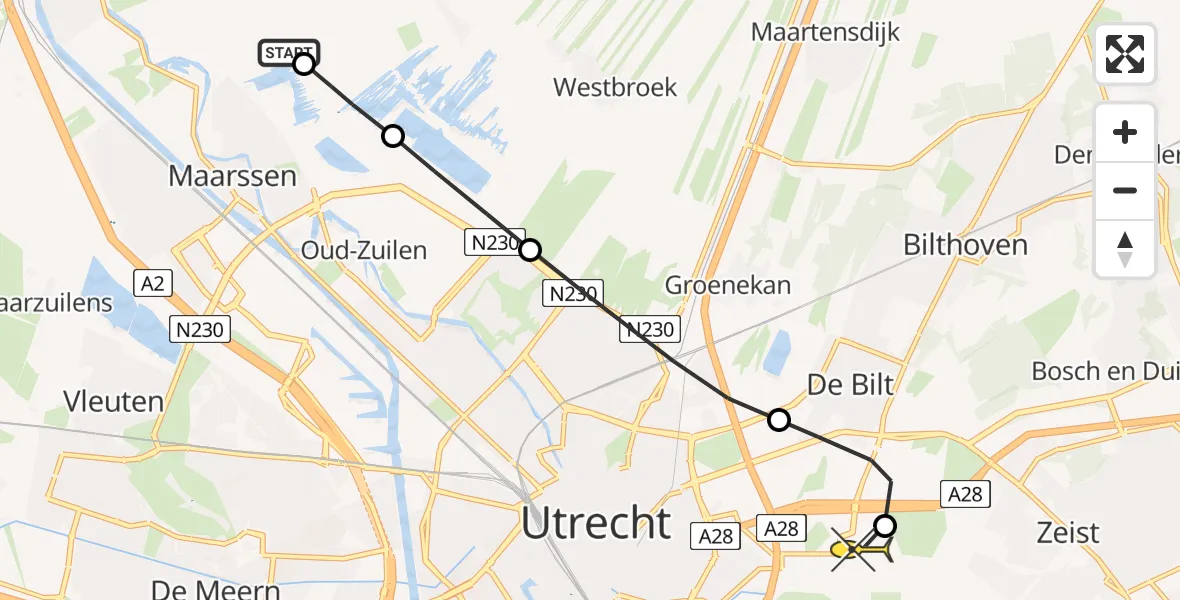 Routekaart van de vlucht: Lifeliner 1 naar Universitair Medisch Centrum Utrecht, Maarsseveensevaart