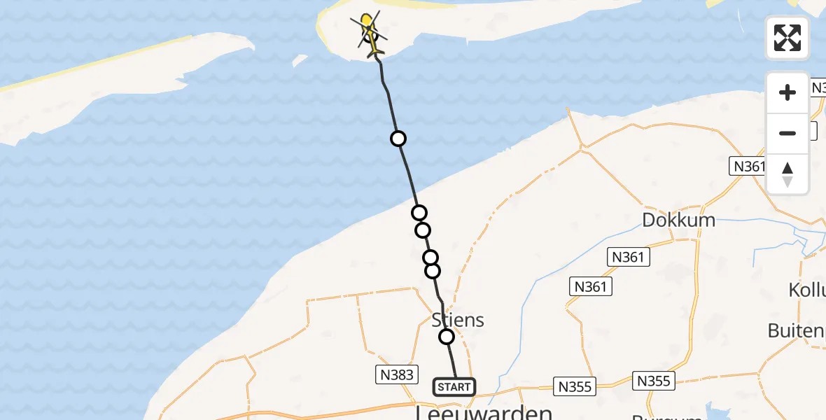 Routekaart van de vlucht: Ambulancehelikopter naar Ameland Airport Ballum, Keegsdijkje