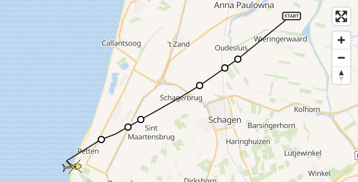 Routekaart van de vlucht: Lifeliner 1 naar Petten, Slikkerdijk