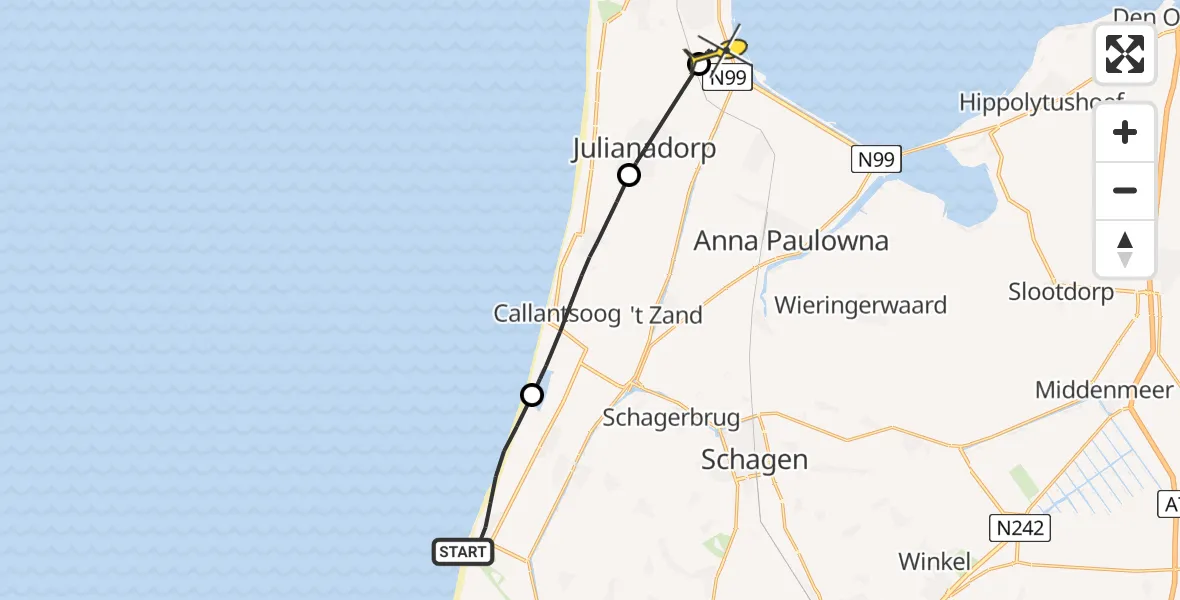 Routekaart van de vlucht: Lifeliner 1 naar Vliegveld De Kooy, Bergeendstraat