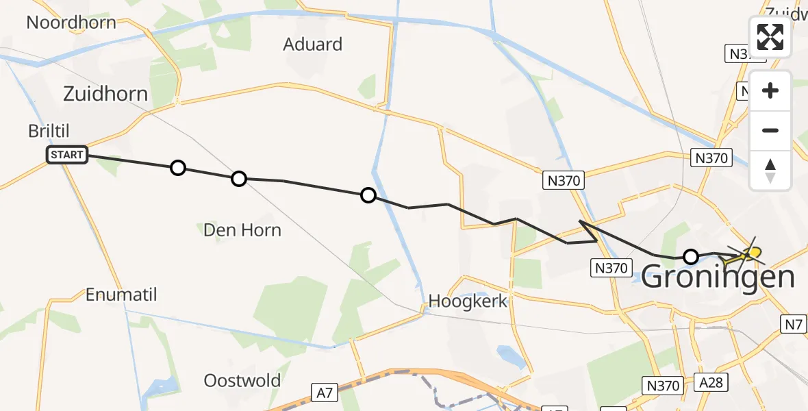 Routekaart van de vlucht: Ambulanceheli naar Universitair Medisch Centrum Groningen, Zuiderweg