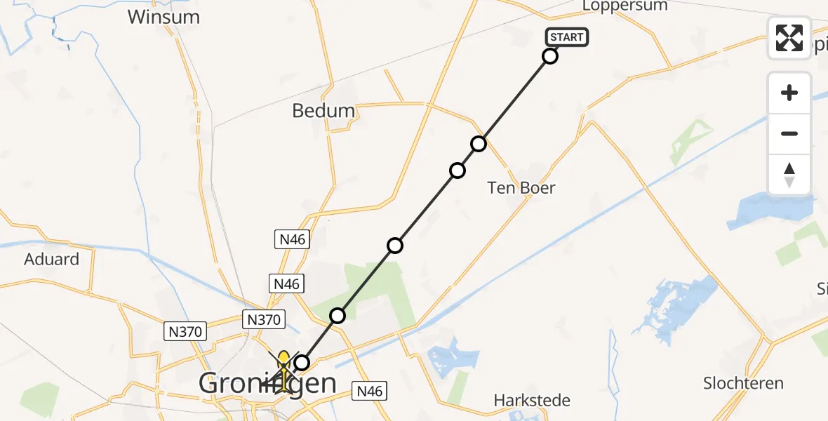 Routekaart van de vlucht: Lifeliner 4 naar Universitair Medisch Centrum Groningen, Boersterweg