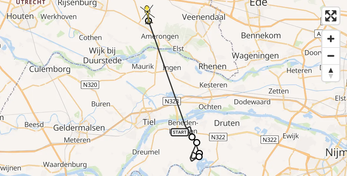 Routekaart van de vlucht: Politiehelikopter naar Leersum, het Ambacht