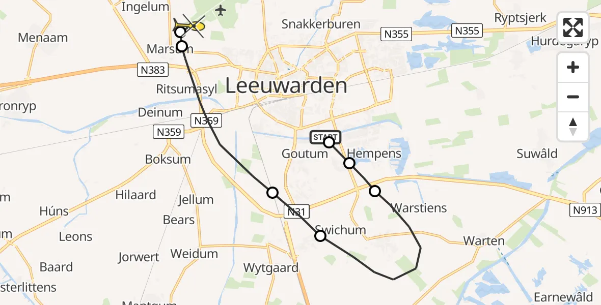 Routekaart van de vlucht: Ambulanceheli naar Leeuwarden, It Gaffelpaad