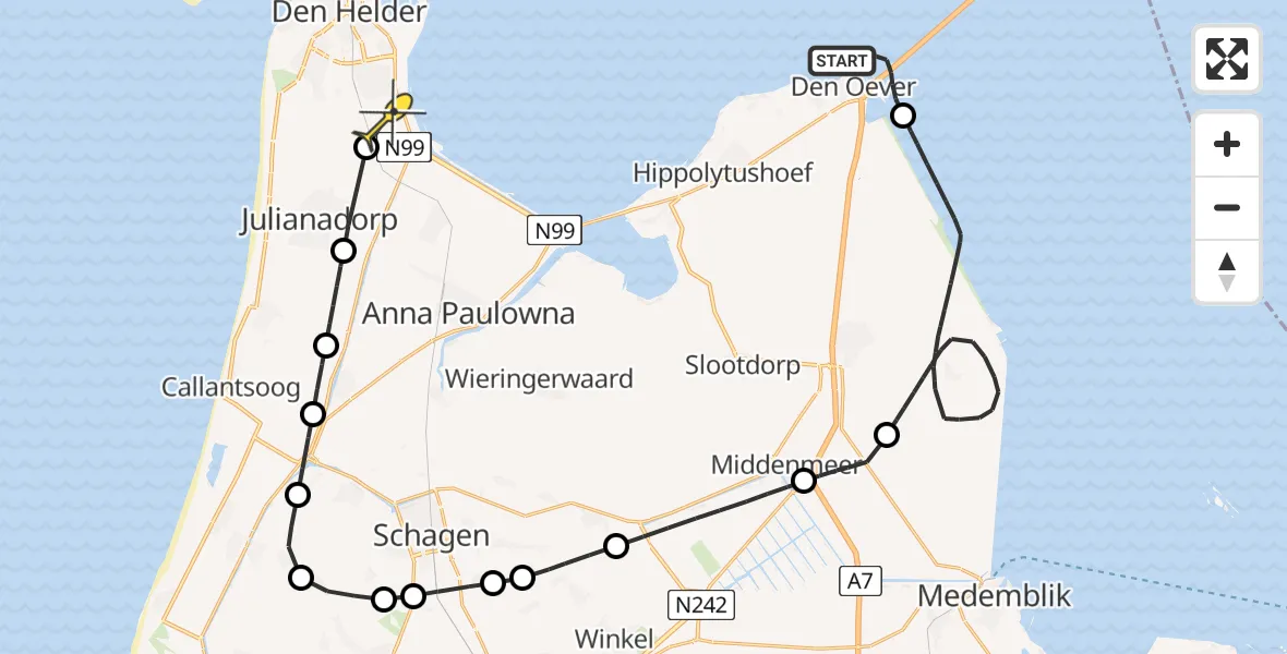 Routekaart van de vlucht: Kustwachthelikopter naar Vliegveld De Kooy, Vaarwater naar Den Oever