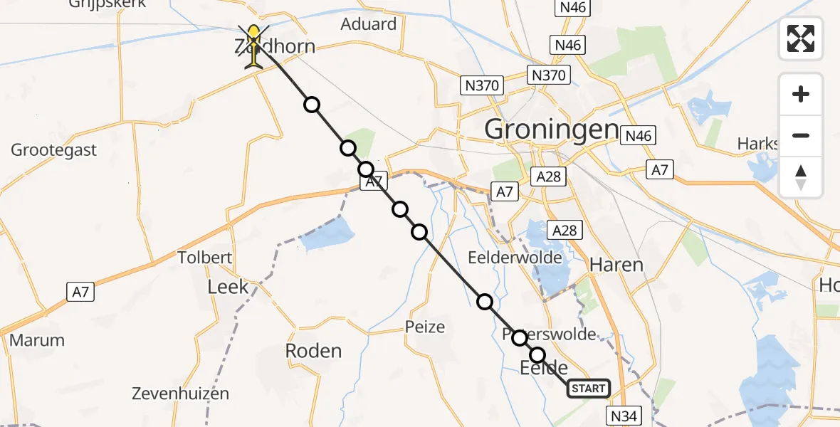 Routekaart van de vlucht: Lifeliner 4 naar Zuidhorn, Paalakkers