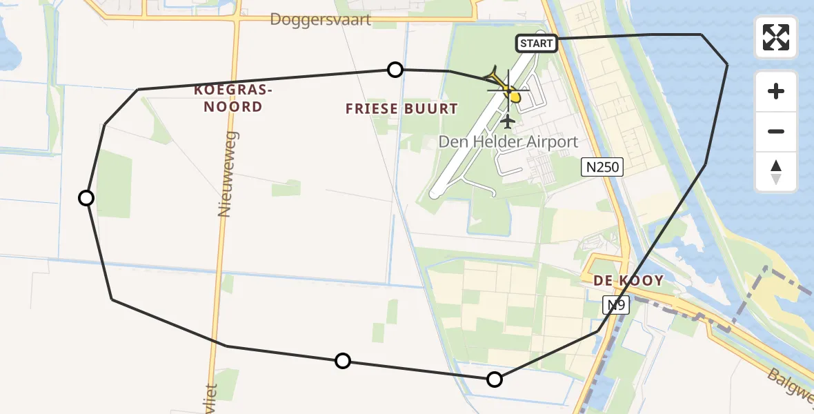 Routekaart van de vlucht: Kustwachthelikopter naar Vliegveld De Kooy, Oostoeverweg