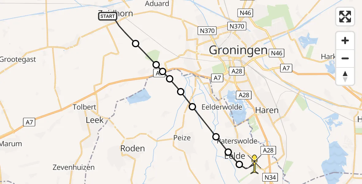 Routekaart van de vlucht: Lifeliner 4 naar Groningen Airport Eelde, Zuiderweg