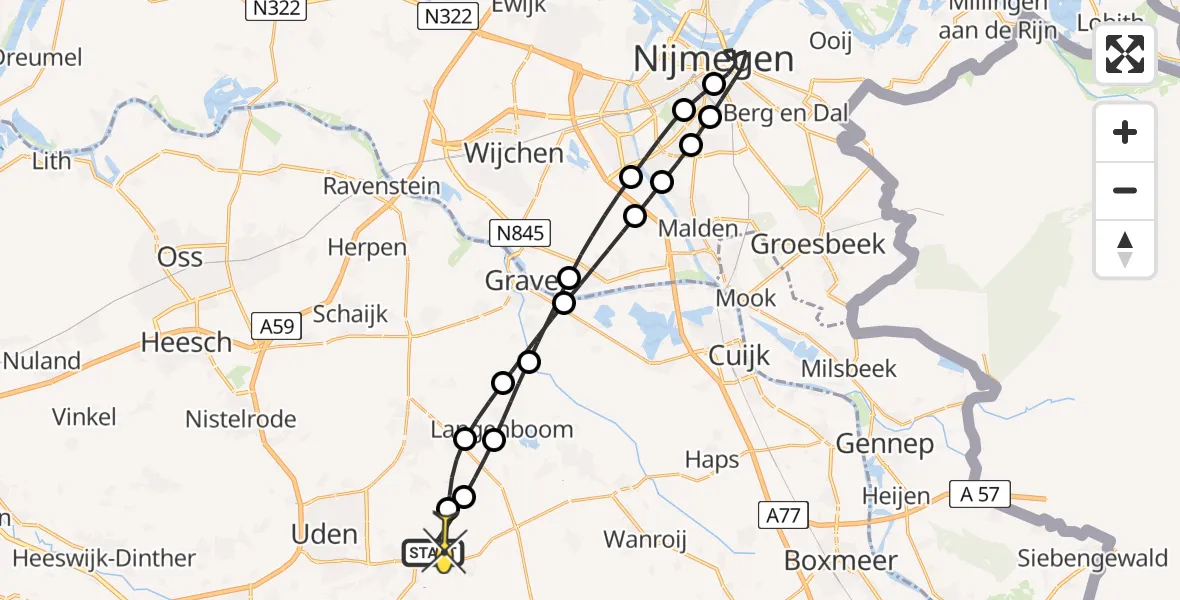 Routekaart van de vlucht: Lifeliner 3 naar Vliegbasis Volkel, Zeelandsedijk