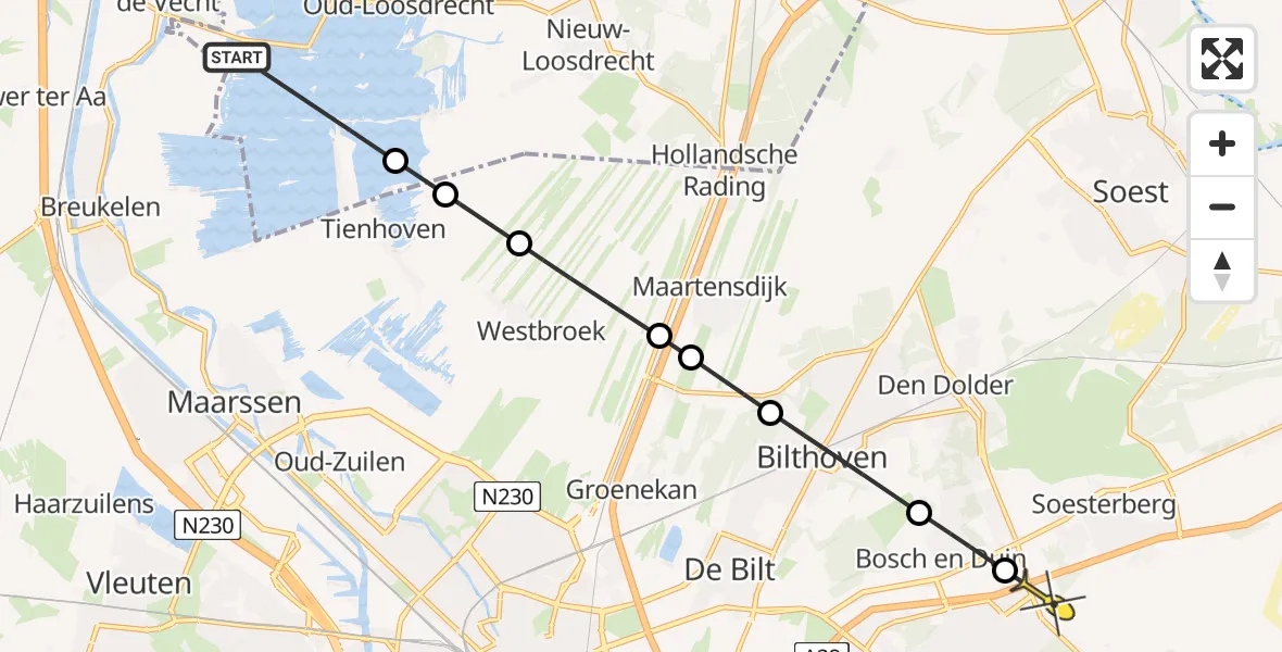 Routekaart van de vlucht: Politieheli naar Zeist, Nieuw-Loosdrechtsedijk