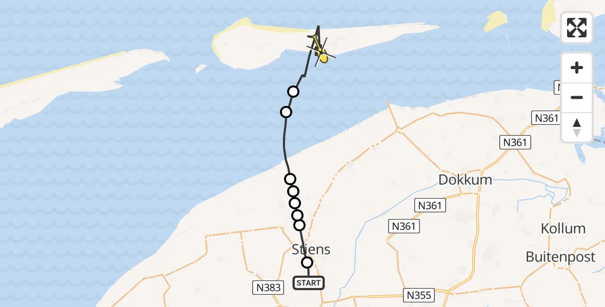 Routekaart van de vlucht: Ambulancehelikopter naar Nes, Nijlânsdyk