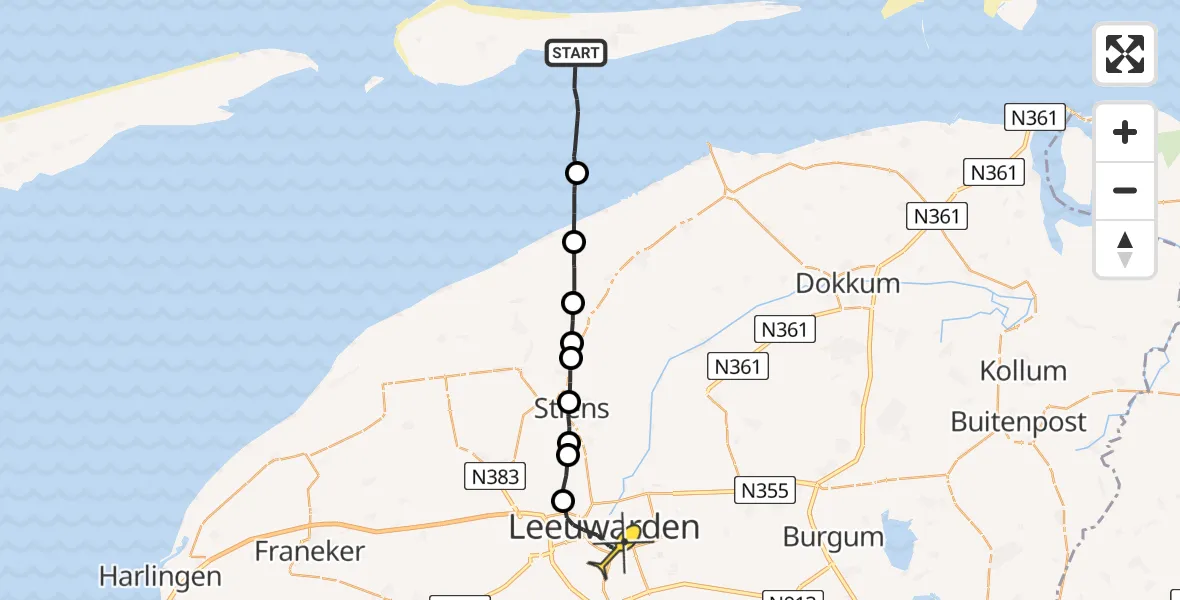 Routekaart van de vlucht: Ambulancehelikopter naar Leeuwarden, Veerbootroute Ameland