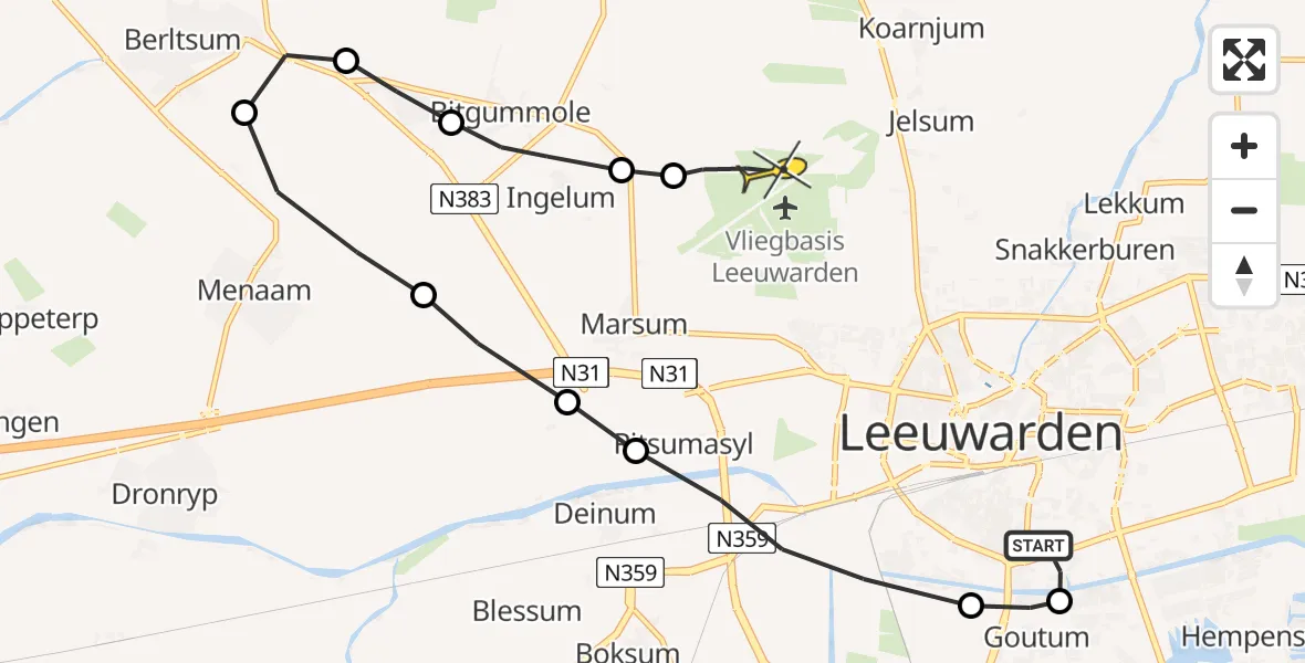 Vluchtroute Ambulancehelikopter van Leeuwarden naar Vliegbasis Leeuwarden