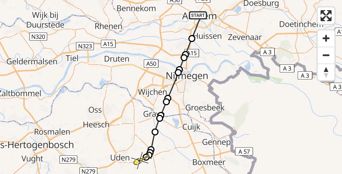 Routekaart van de vlucht: Lifeliner 3 naar Vliegbasis Volkel, Kadestraat