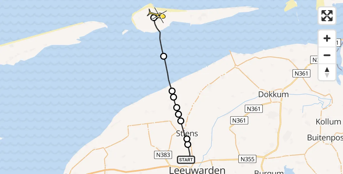 Routekaart van de vlucht: Ambulancehelikopter naar Ameland Airport Ballum, Jelsumer Feart