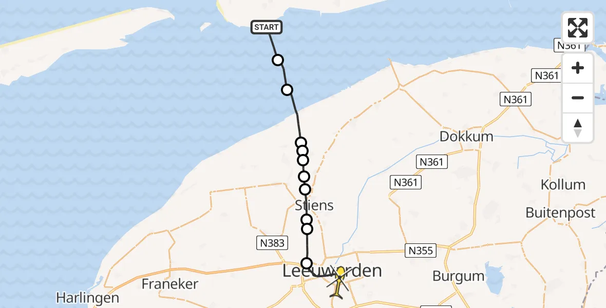 Routekaart van de vlucht: Ambulanceheli naar Leeuwarden, Hoek van Hessing