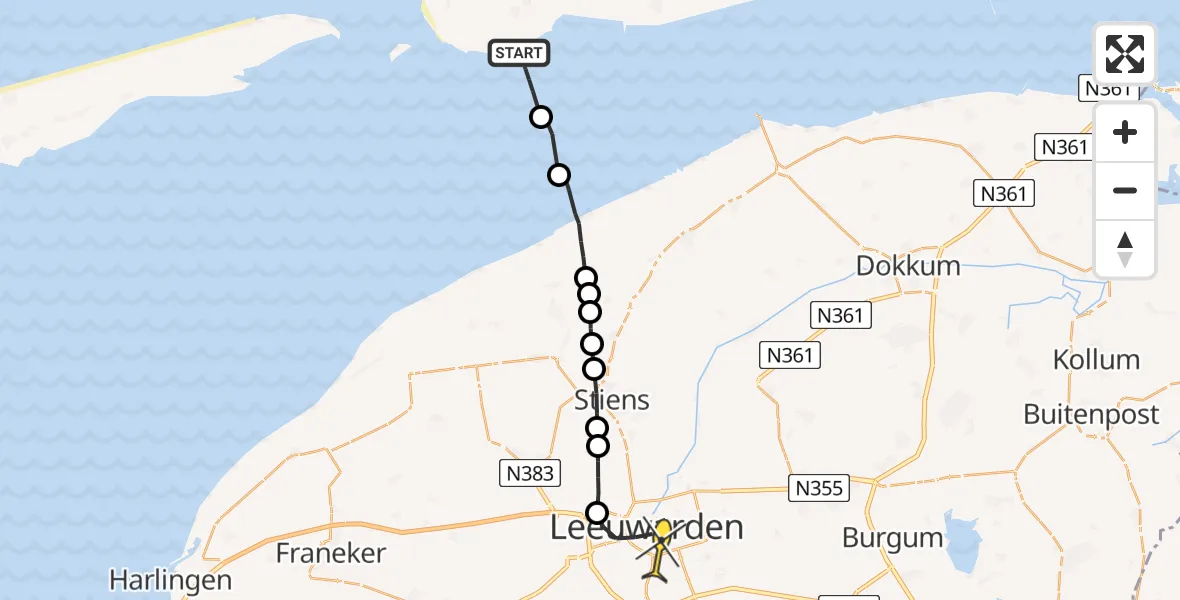 Routekaart van de vlucht: Ambulancehelikopter naar Leeuwarden, Hoek van Hessing