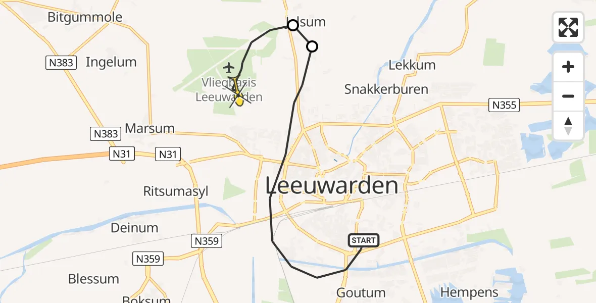 Vluchtroute Ambulancehelikopter van Leeuwarden naar Vliegbasis Leeuwarden