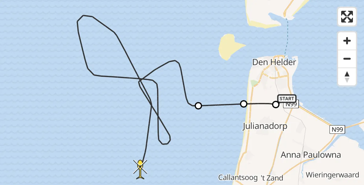 Routekaart van de vlucht: Kustwachthelikopter naar Kortevliet