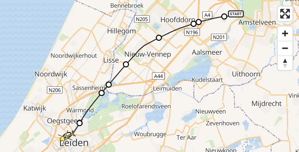 Routekaart van de vlucht: Politiehelikopter naar Leiden, Amsterdam-Bataviaweg