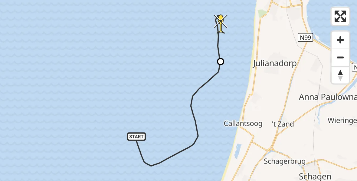 Routekaart van de vlucht: Kustwachthelikopter naar Den Helder, Schulpengat